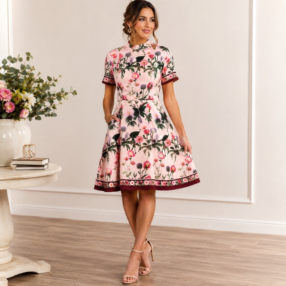 Kaimilan Pink Floral Botanical Fit and Flare Mock Cottage Core Neck Dress 6 NWTs